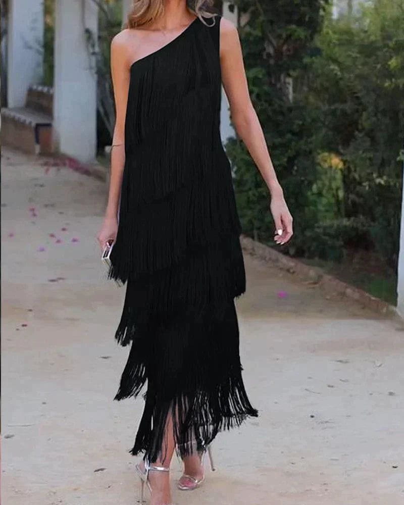 Lavinque Dress Noir / S Robe Asymétrique à Franges | Bleu Marine | Glamour Festif