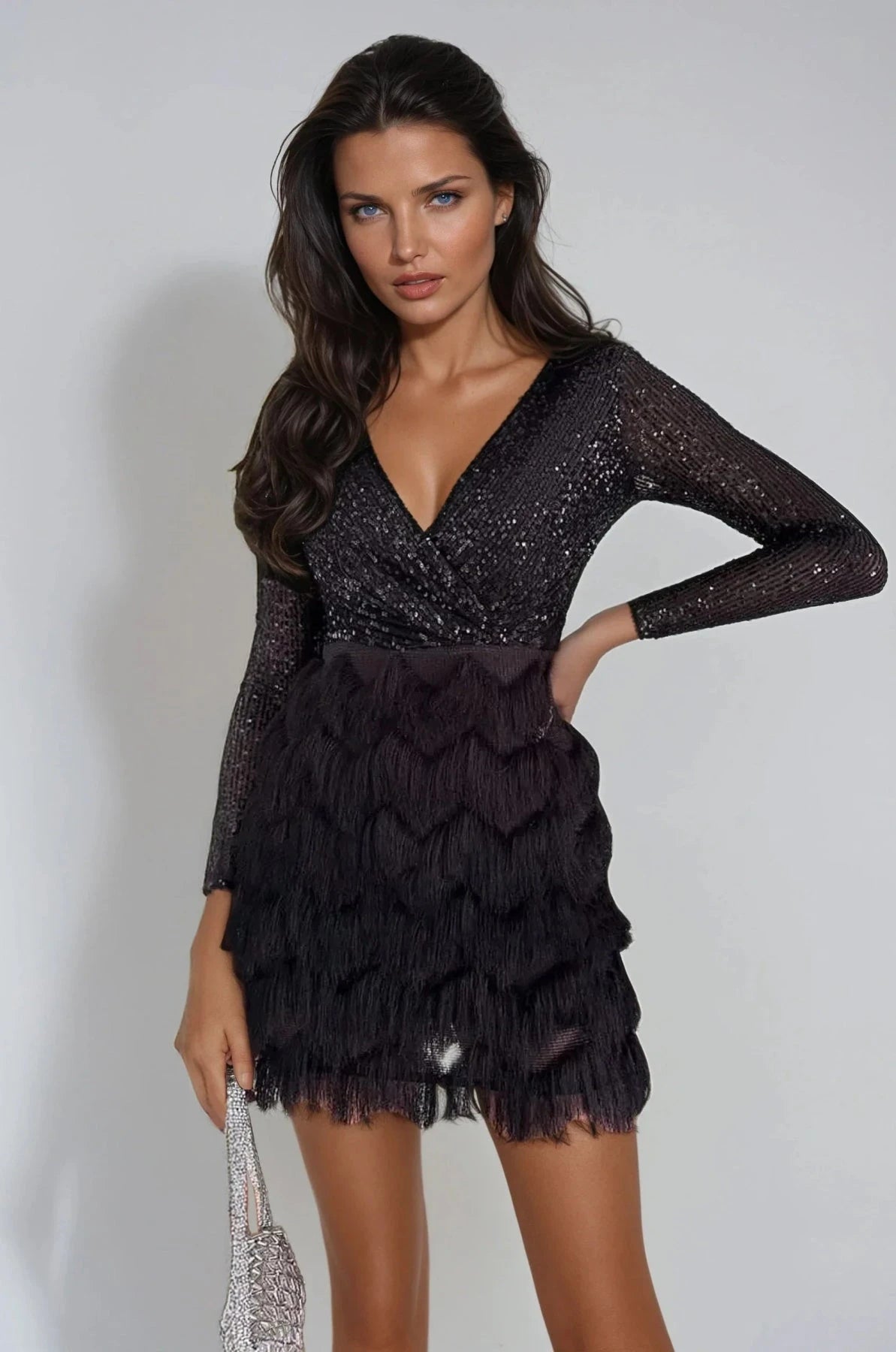 Lavinque Dress Noir / S Robe Courte à Volants & Paillettes | Manches Longues | Glamour et Structurée
