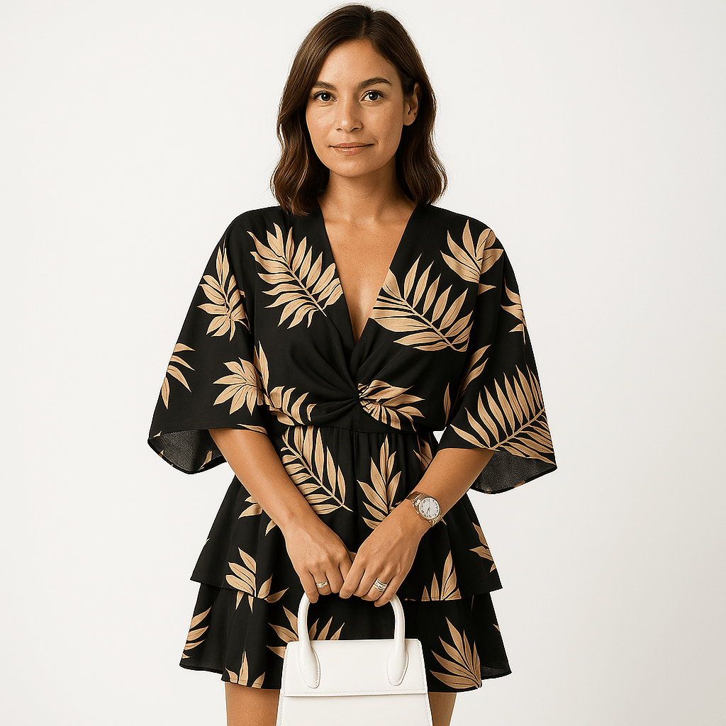 Lavinque Dress Noir / S Robe Courte Imprimée Tropicale | Noire à Feuillage | Légère & Élégante