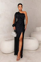 Lavinque Dress Noir / S Robe de Soirée Asymétrique | Satin Bleu Canard | Élégance Glamour