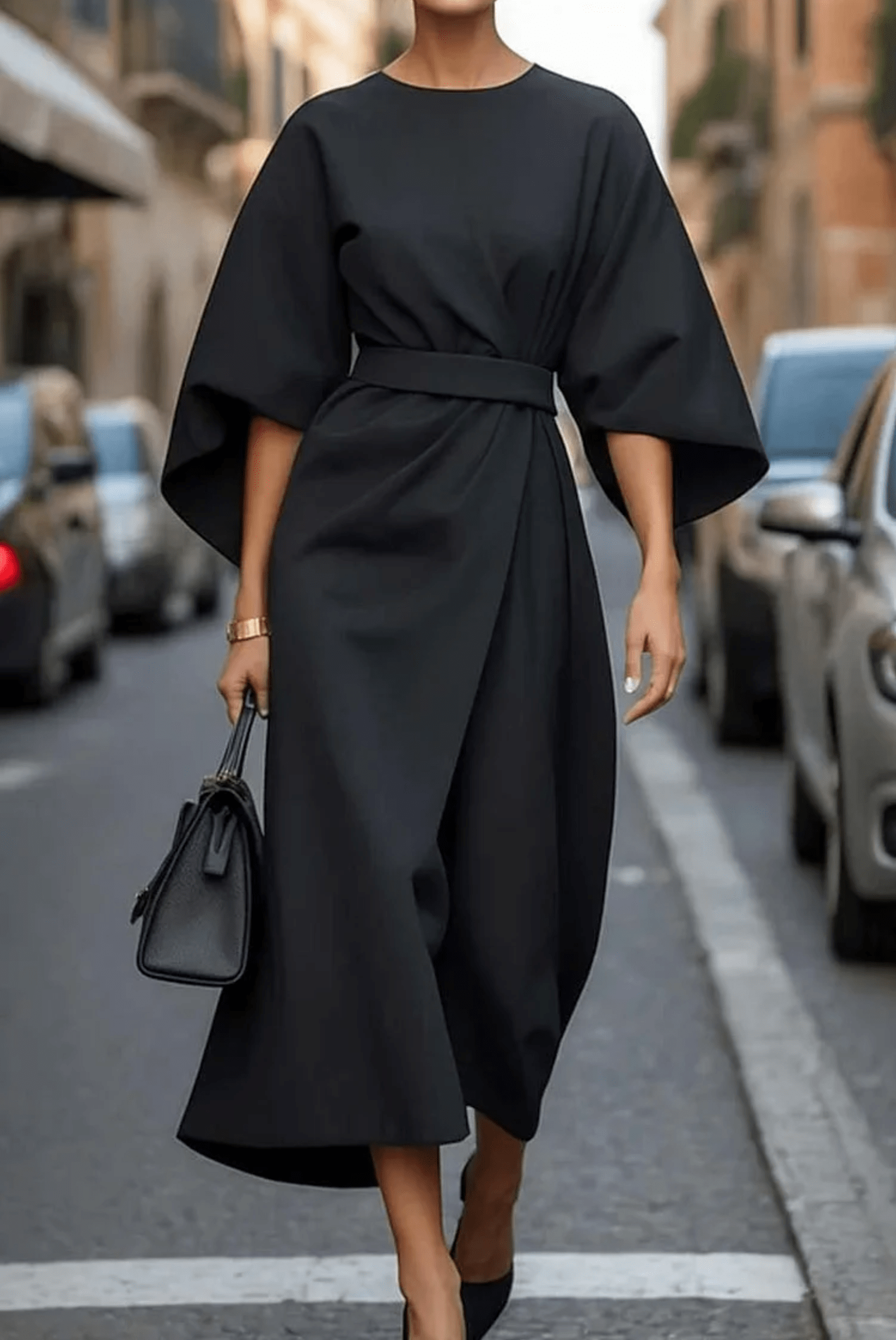 Lavinque Dress Noir / S Robe Élégante | Noire | Manches Amples et Ceinture Structurée