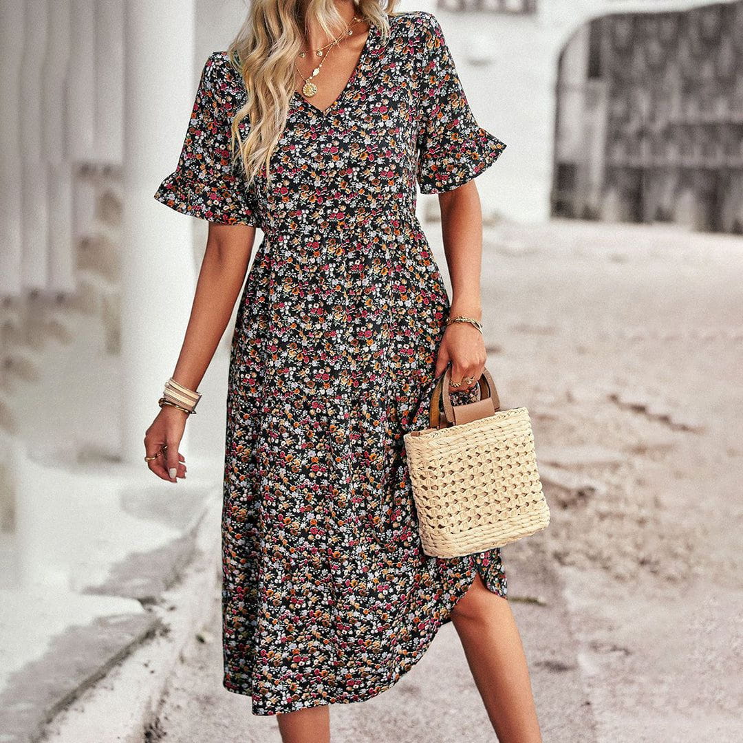 Lavinque Dress Noir / S Robe Longue Bohème | Fleurie et Fluide | Élégante et Décontractée