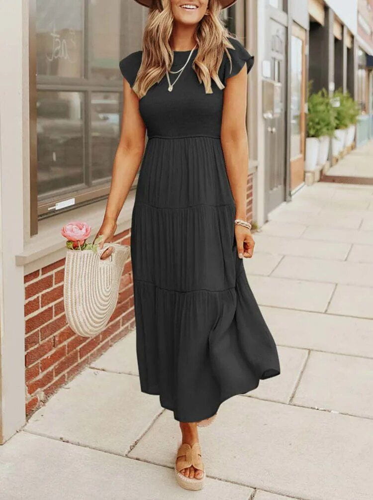 Lavinque Dress Noir / S Robe Longue Bohème Smockée | Romantique | Fluide et Confortable