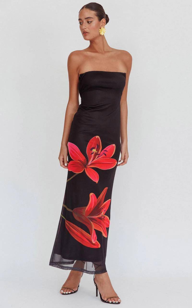 Lavinque Dress Noir / S Robe Longue Bustier Noire | Imprimé Floral Rouge | Élégance Audacieuse