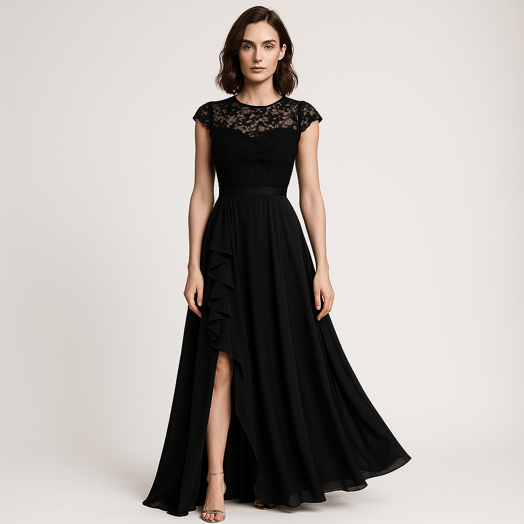 Lavinque Dress Noir / S Robe Longue Noire avec Dentelle | Événement Élégant | Fente Asymétrique & Fluidité