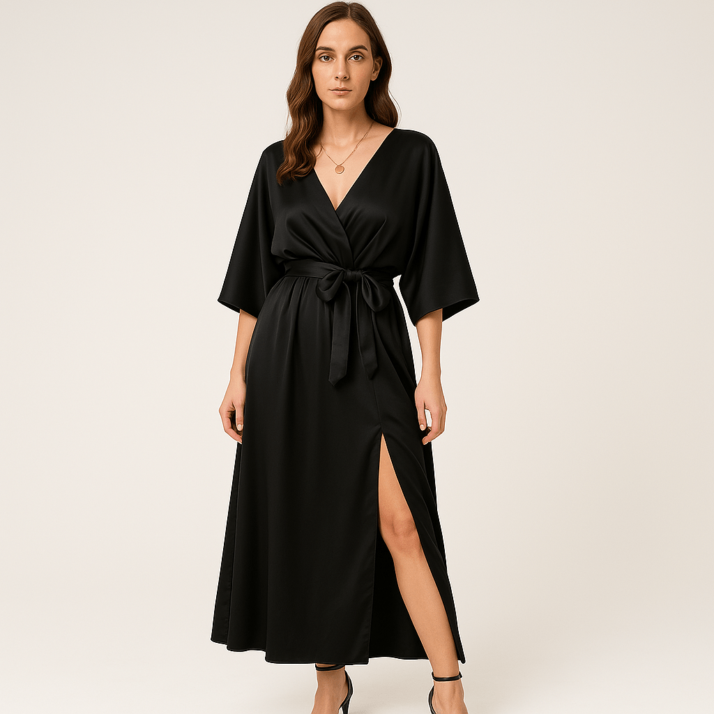 Lavinque Dress Noir / S Robe Longue Satinée Champagne | Taille Froncée | Élégance Fluide