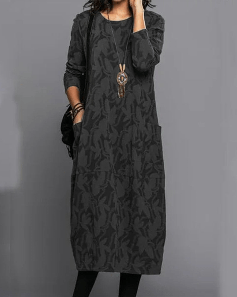Lavinque Dress Noir / S Robe Midi Ample à Motif | Manches Longues | Élégance Décontractée