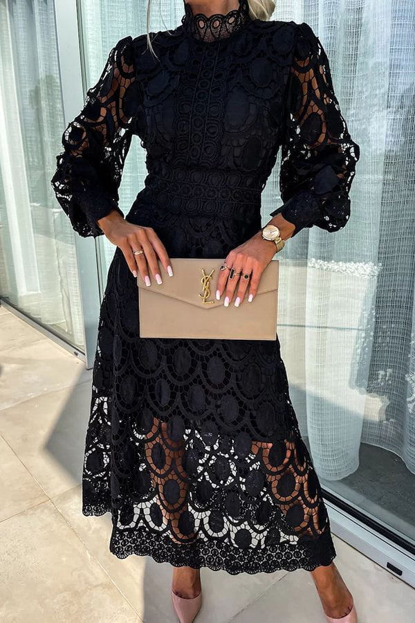Lavinque Dress Noir / S Robe Midi en Dentelle | Élégante | Sophistiquée et Féminine