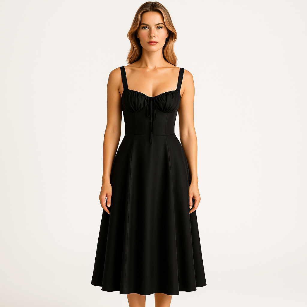 Lavinque Dress Noir / S Robe Midi Noire | Bretelles | Élégance Intemporelle