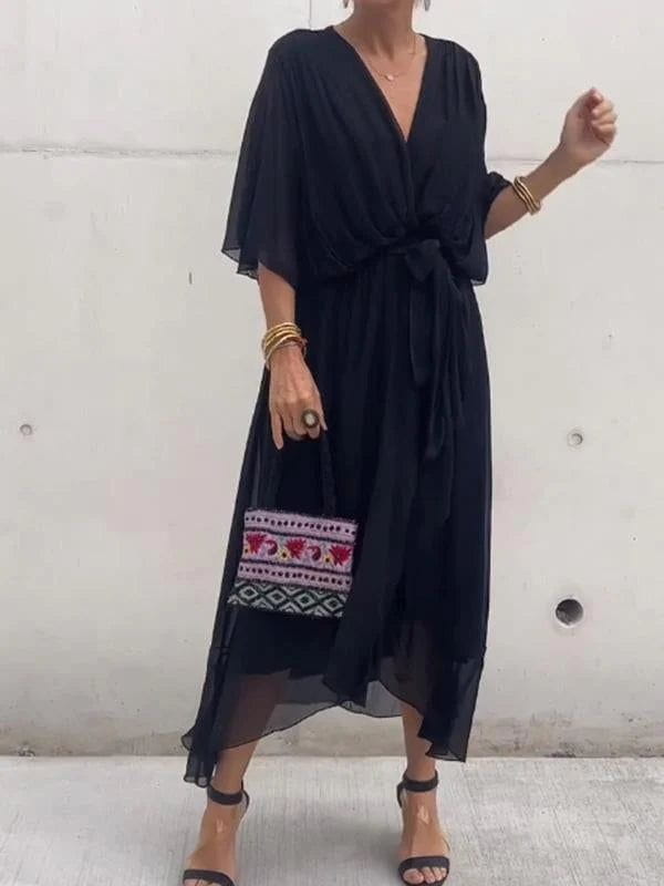 Lavinque Dress Noir / S Robe Midi Portefeuille | Élégante | Fluide et Féminine