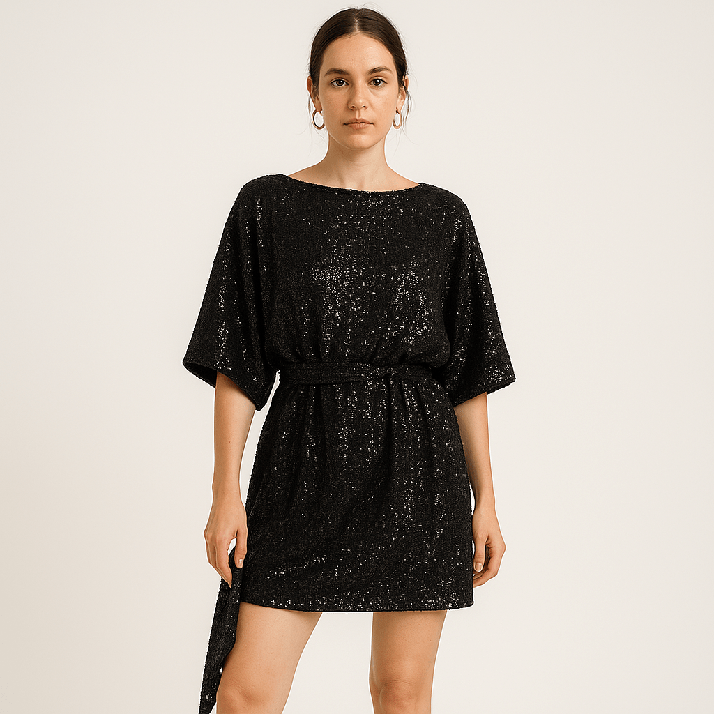 Lavinque Dress Noir / S Robe Noire à Sequins Fluide | Ceinturée | Chic & Confortable
