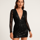 Lavinque Dress Noir / S Robe Noire à Sequins & Tulle | Décolleté Plongeant | Glamour & Élégance