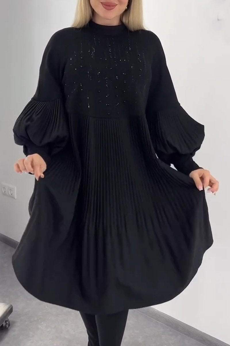 Lavinque Dress Noir / S Robe Noire Ample | Manches Bouffantes & Col Montant | Élégance Oversize