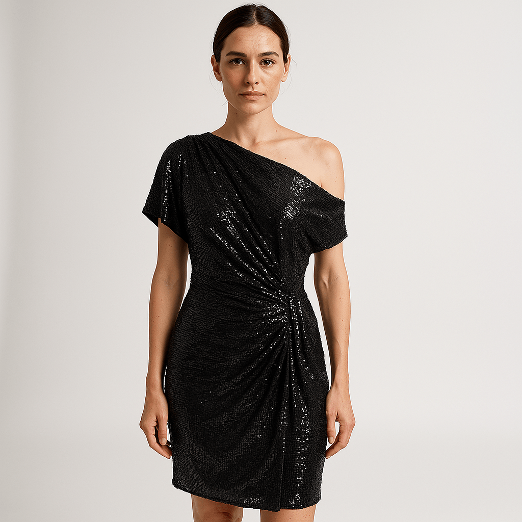 Lavinque Dress Noir / S Robe Noire Asymétrique à Sequins | Épaule Dénudée | Drapée & Glamour