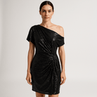 Lavinque Dress Noir / S Robe Noire Asymétrique à Sequins | Épaule Dénudée | Drapée & Glamour