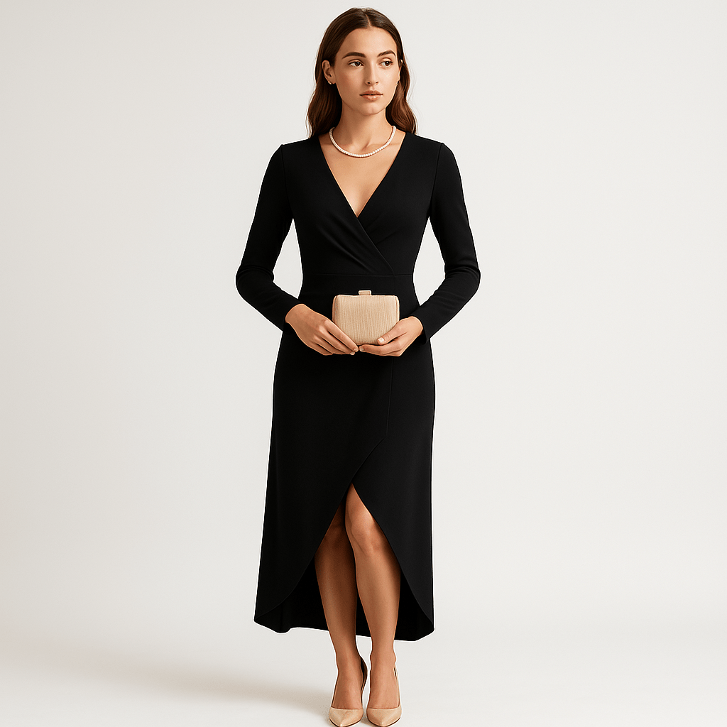 Lavinque Dress Noir / S Robe Noire Élégante | Décolleté Cache-Cœur | Mi-Longue Asymétrique