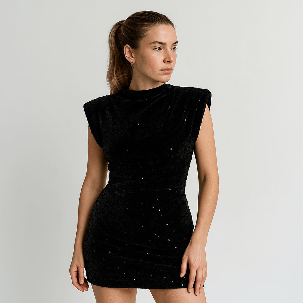 Lavinque Dress Noir / S Robe Noire en Velours Strassée | Épaulettes Structurées | Glamour de Soirée