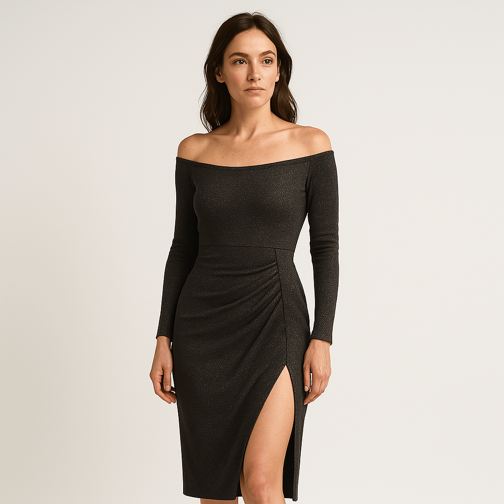 Lavinque Dress Noir / S Robe Noire Fendue | Épaules Dénudées | Élégance Sensuelle