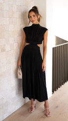 Lavinque Dress Noir / S Robe Noire Midi | Découpes à la Taille | Élégance Moderne