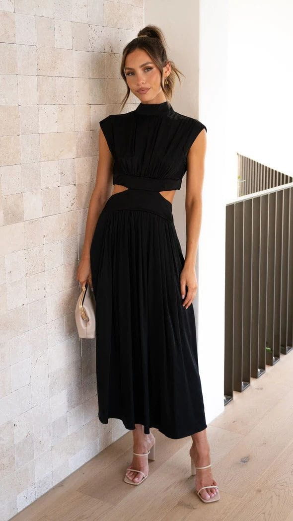 Lavinque Dress Noir / S Robe Noire Midi | Découpes à la Taille | Élégance Moderne