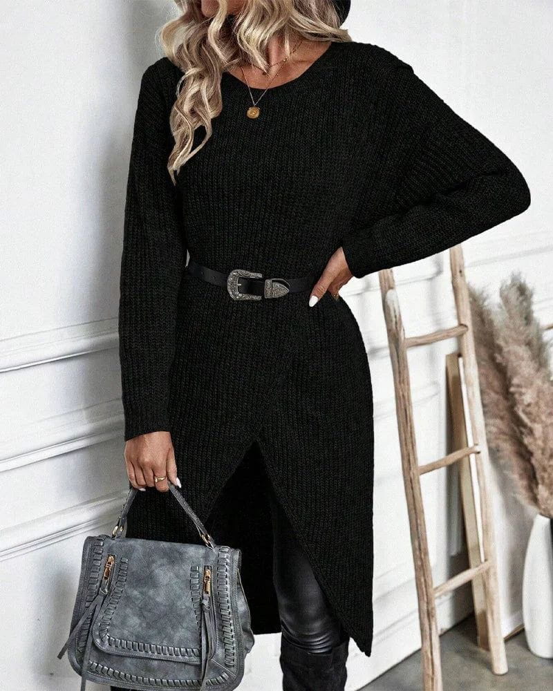 Lavinque Dress Noir / S Robe Pull Fendue | Maille Douce | Élégante et Moderne
