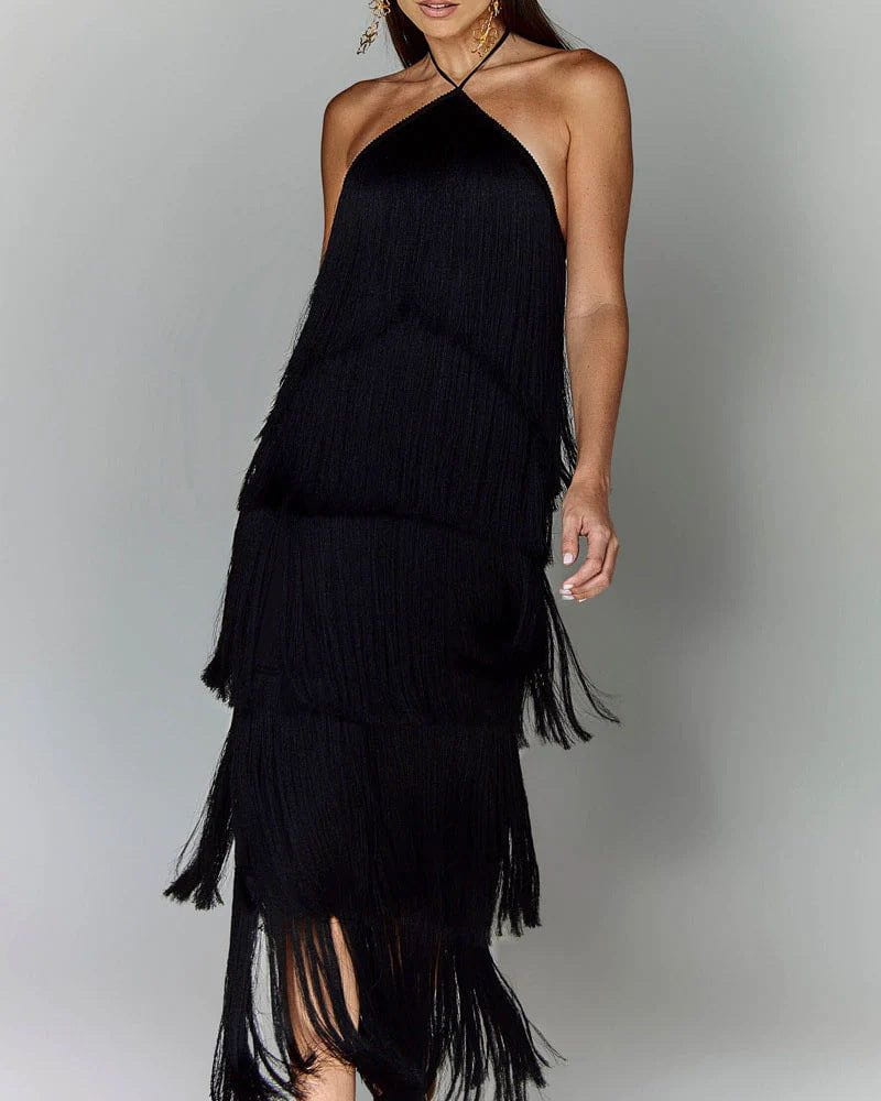 Lavinque Dress Noir / S Robe Rouge à Franges | Dos Nu | Look Festif et Glamour