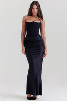 Lavinque Dress Noir / XS Robe Longue Satinée Noire | Bustier Drapé | Élégance Sensuelle