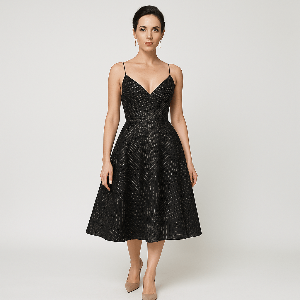 Lavinque Dress Noir / XS Robe Rose Poudré | Fines Bretelles & Décolleté Cœur | Élégance Féminine Mi-Longue