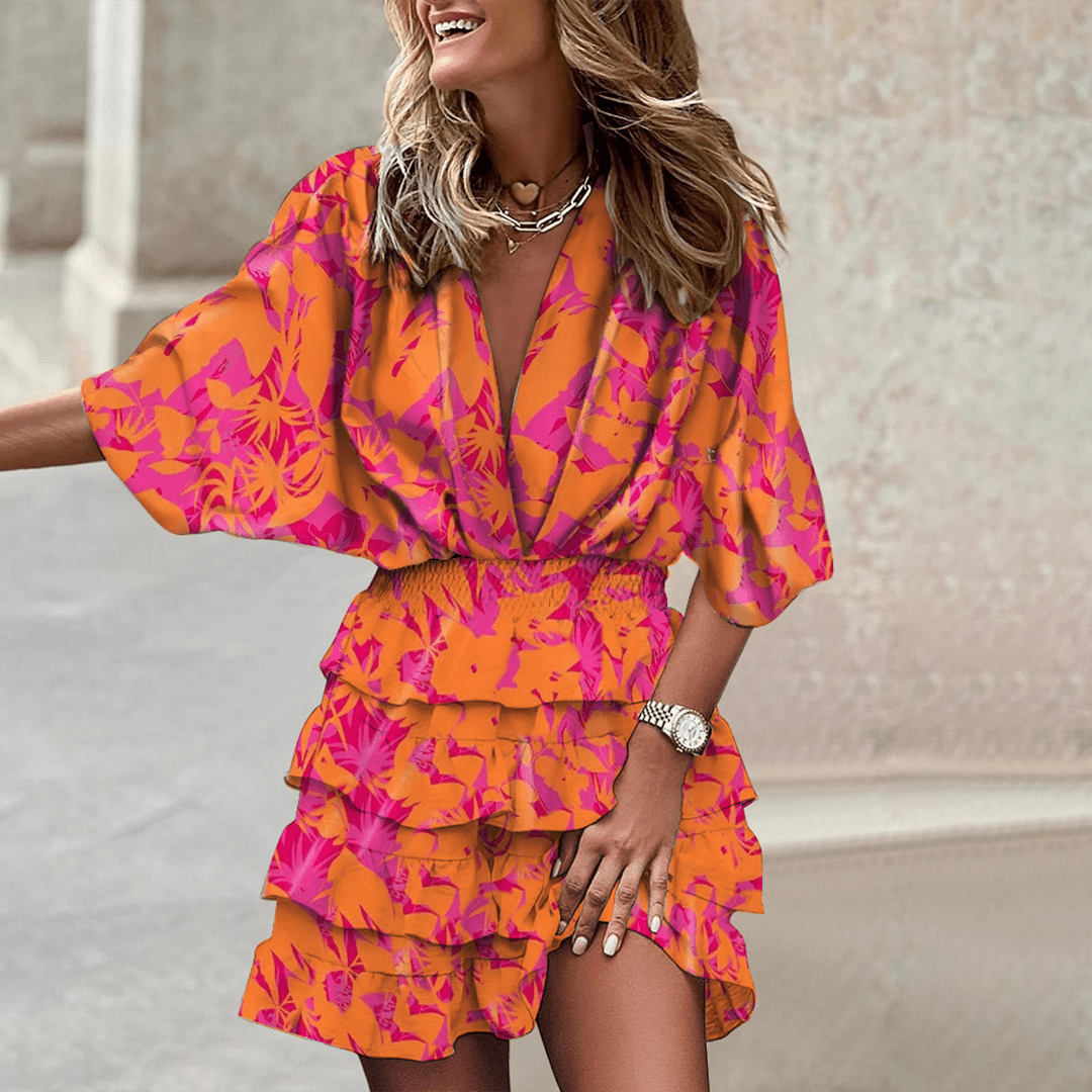 Lavinque Dress Orange / S Robe Courte Bohème Imprimé Tropical | Élégante | Fluide et Féminine