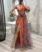 Lavinque Dress Orange / S Robe de Soirée Fluide | Une Épaule | Tulle Imprimé Romantique