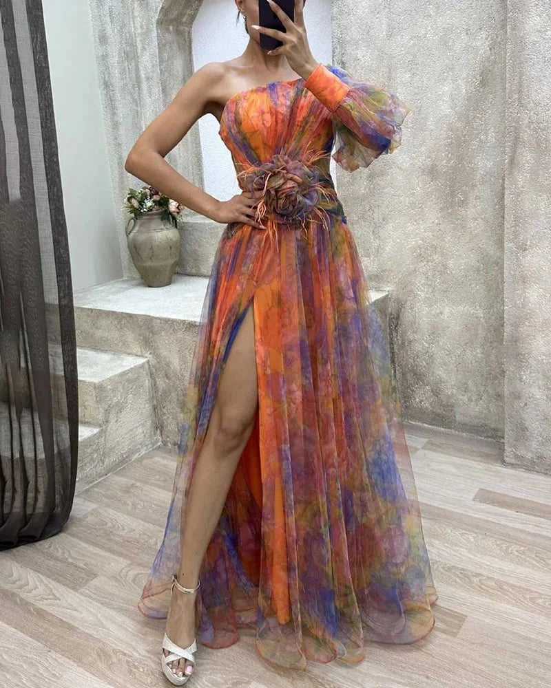 Lavinque Dress Orange / S Robe de Soirée Fluide | Une Épaule | Tulle Imprimé Romantique