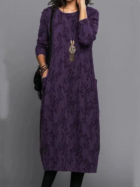 Lavinque Dress Pourpre / S Robe Midi Ample à Motif | Manches Longues | Élégance Décontractée