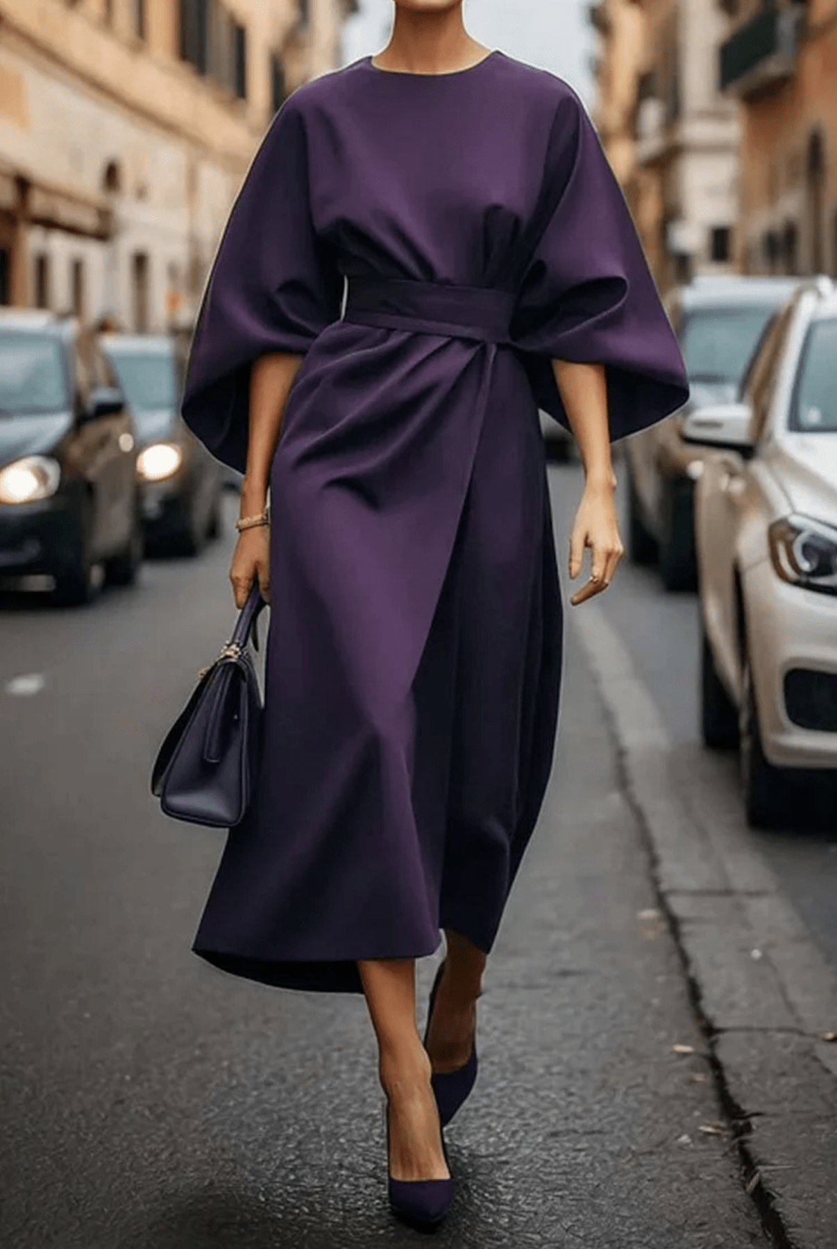 Lavinque Dress Pourpre / S Robe Midi Élégante | Manches Chauve-souris | Sophistiquée et Fluide