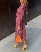 Lavinque Dress Pourpre / S Robe Midi Imprimée | Nœud à l’avant | Élégante et Féminine
