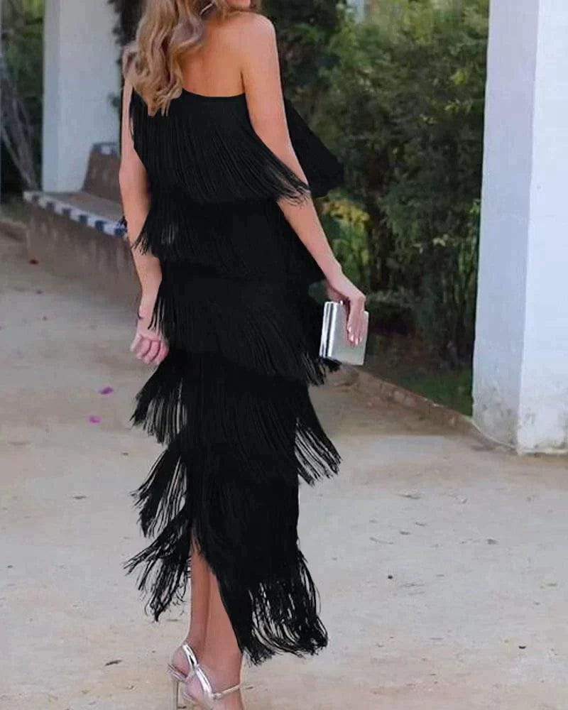 Lavinque Dress Robe Asymétrique à Franges | Bleu Marine | Glamour Festif