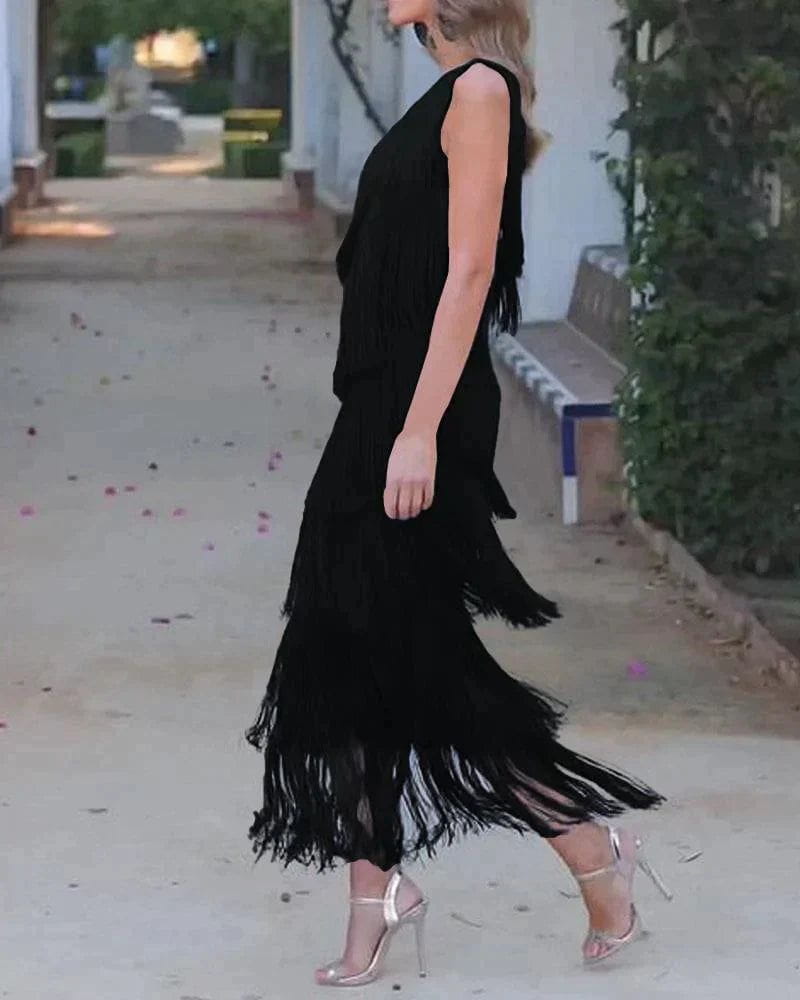 Lavinque Dress Robe Asymétrique à Franges | Bleu Marine | Glamour Festif