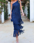 Lavinque Dress Robe Asymétrique à Franges | Bleu Marine | Glamour Festif