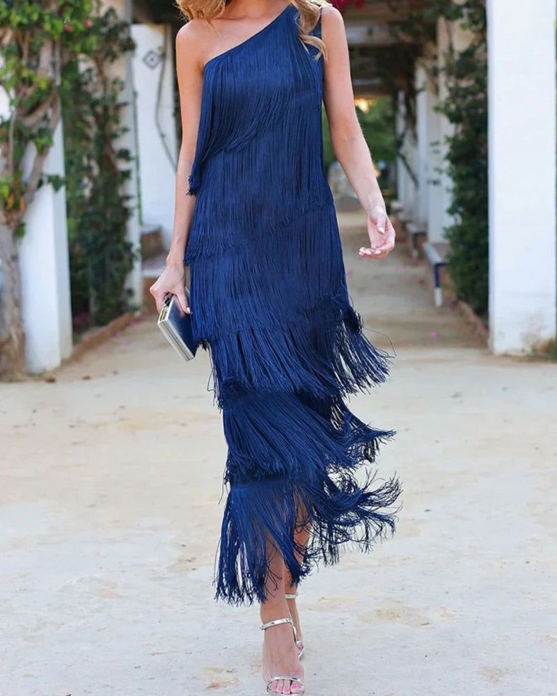Lavinque Dress Robe Asymétrique à Franges | Bleu Marine | Glamour Festif