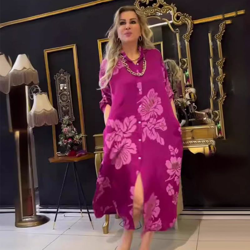 Lavinque Dress Robe Chemise Longue à Motif Floral | Élégance Décontractée | Fluide & Confortable