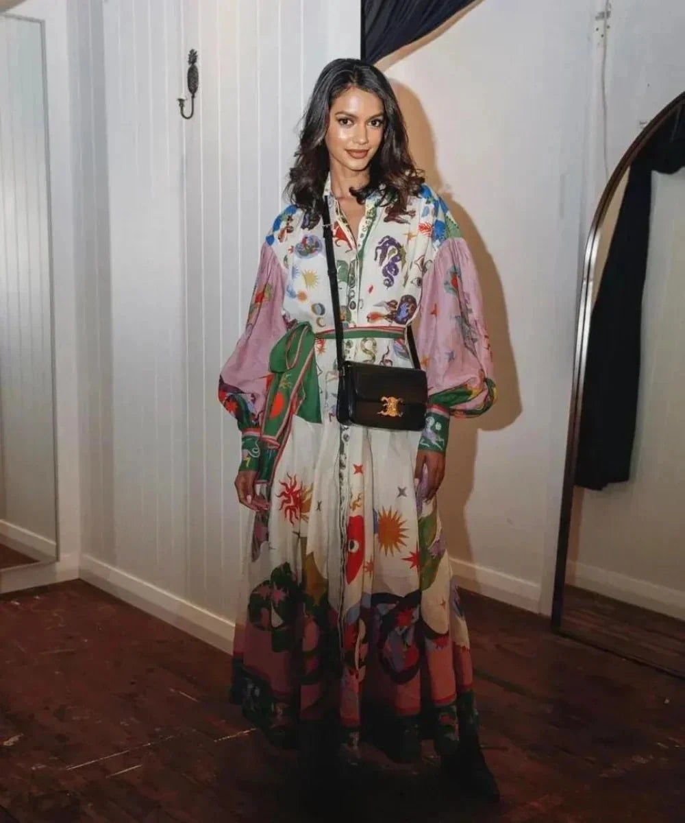 Lavinque Dress Robe chemise longue imprimé artistique | Robe | Élégance bohème et couleurs éclatantes