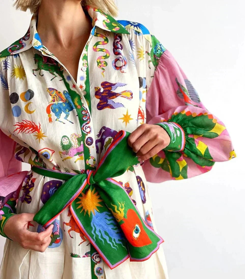 Lavinque Dress Robe chemise longue imprimé artistique | Robe | Élégance bohème et couleurs éclatantes