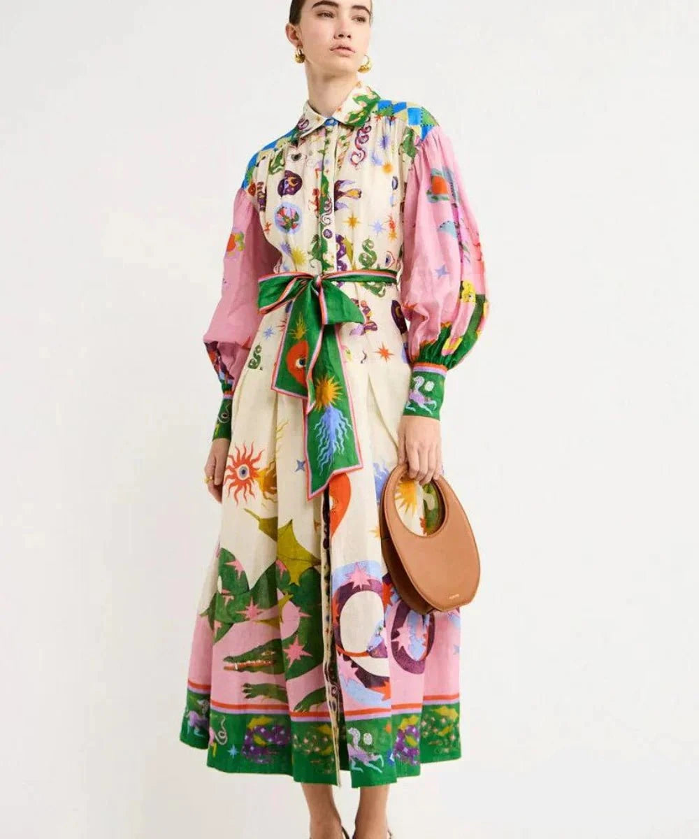 Lavinque Dress Robe chemise longue imprimé artistique | Robe | Élégance bohème et couleurs éclatantes