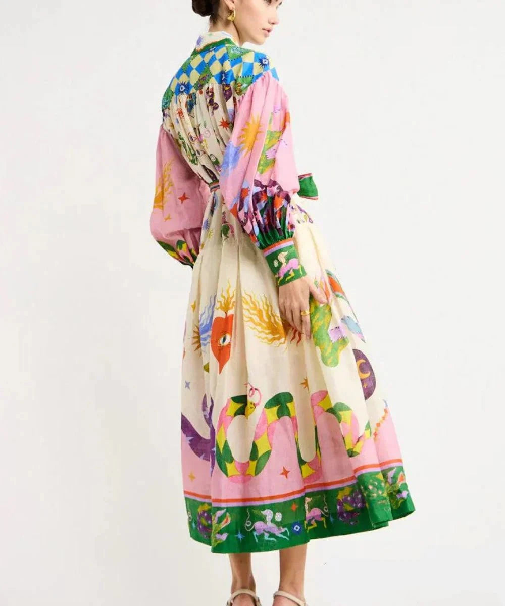 Lavinque Dress Robe chemise longue imprimé artistique | Robe | Élégance bohème et couleurs éclatantes