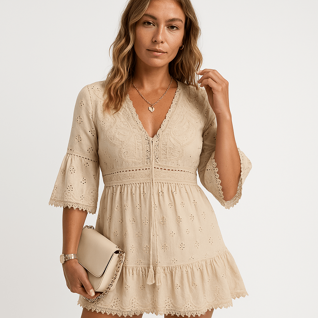 Lavinque Dress Robe Courte Brodée Écrue | Bohème Chic | 100% Coton