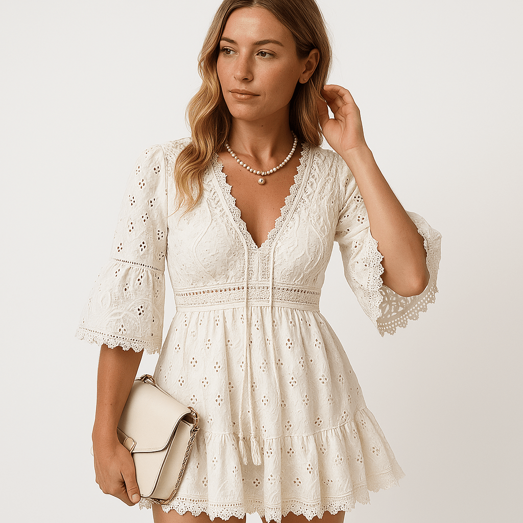 Lavinque Dress Robe Courte Brodée Écrue | Bohème Chic | 100% Coton