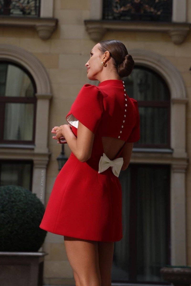 Lavinque Dress Robe Courte Élégante | Rouge avec Nœud | Chic et Raffinée