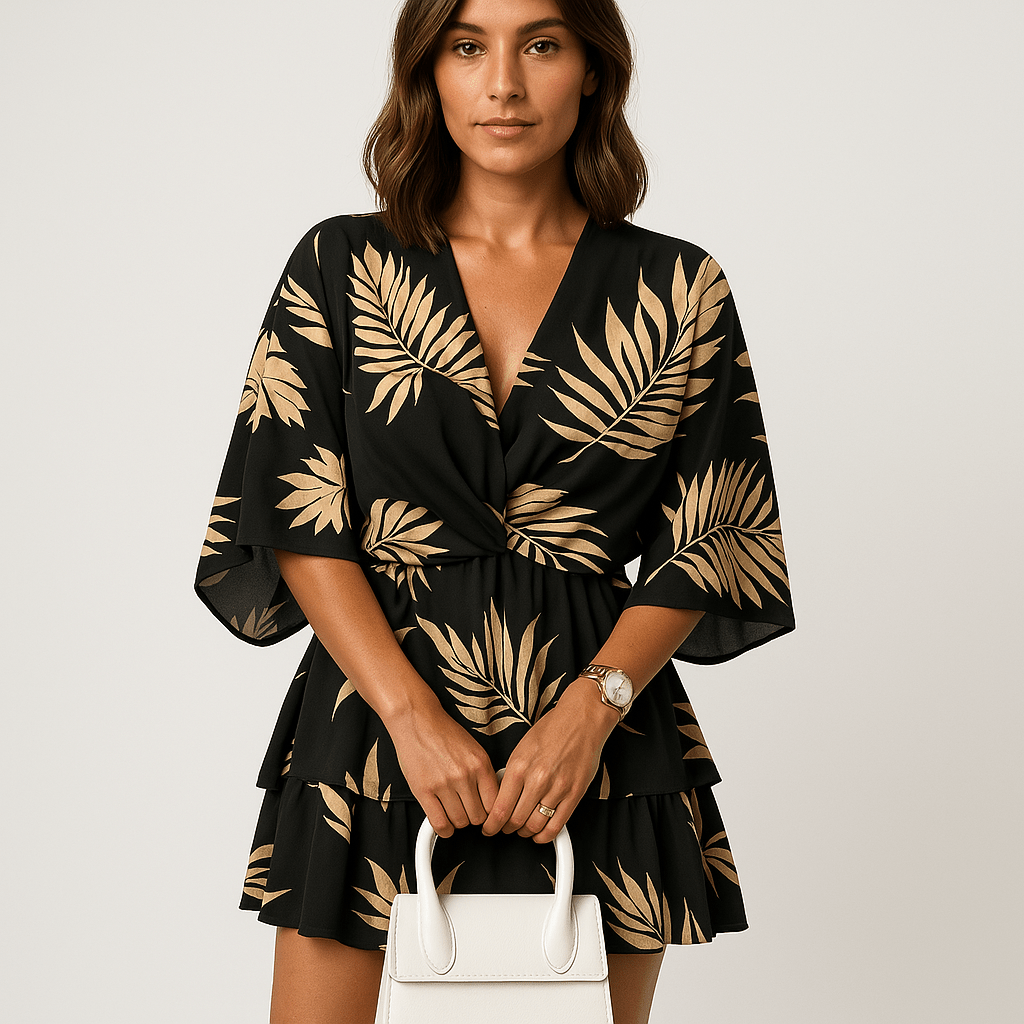 Lavinque Dress Robe Courte Imprimée Tropicale | Noire à Feuillage | Légère & Élégante