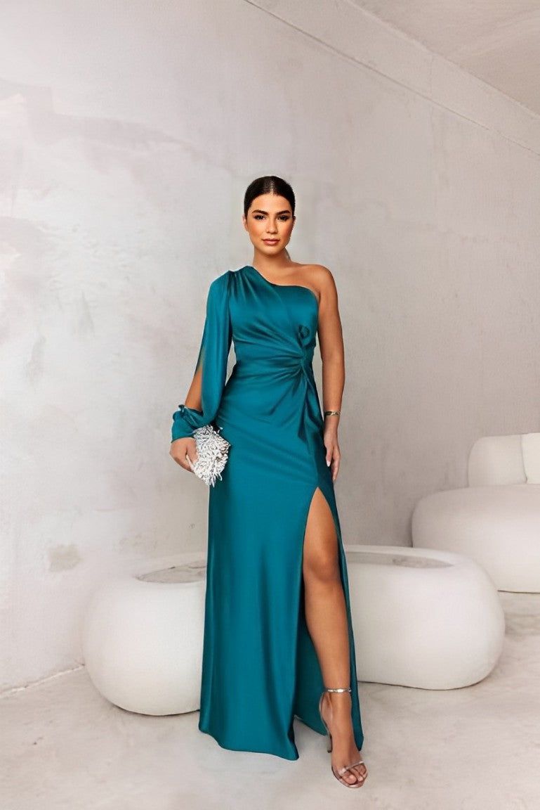 Lavinque Dress Robe de Soirée Asymétrique | Satin Bleu Canard | Élégance Glamour