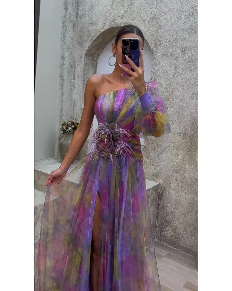 Lavinque Dress Robe de Soirée Fluide | Une Épaule | Tulle Imprimé Romantique