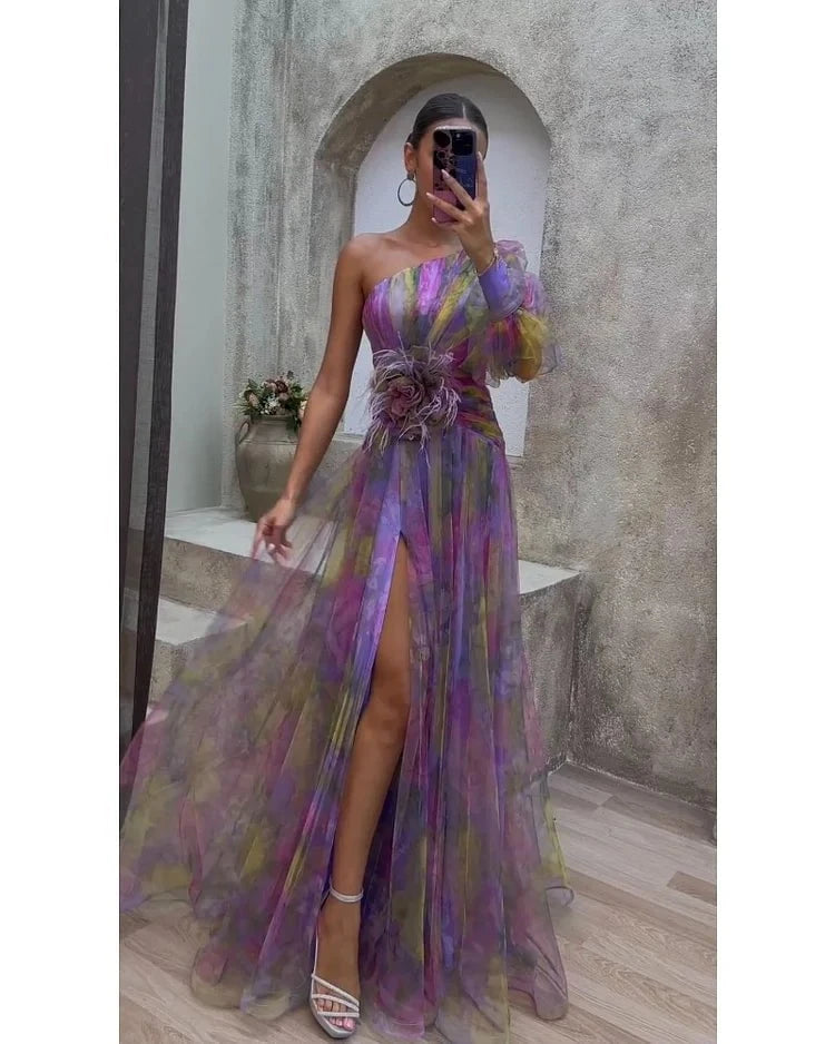 Lavinque Dress Robe de Soirée Fluide | Une Épaule | Tulle Imprimé Romantique